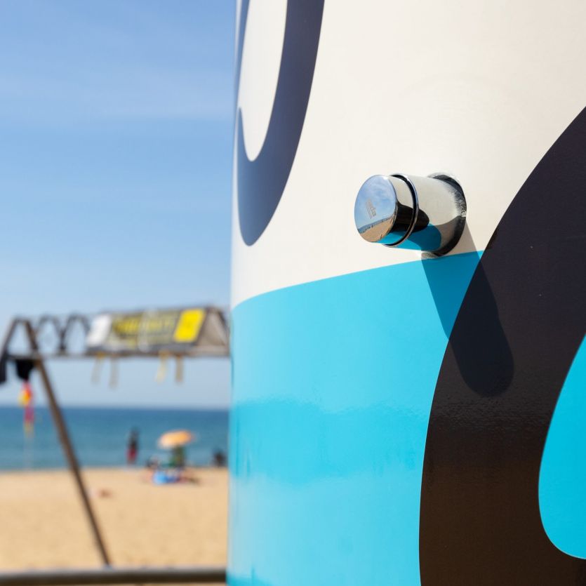 Giant Jimmy's Iced coffee beach shower prop
