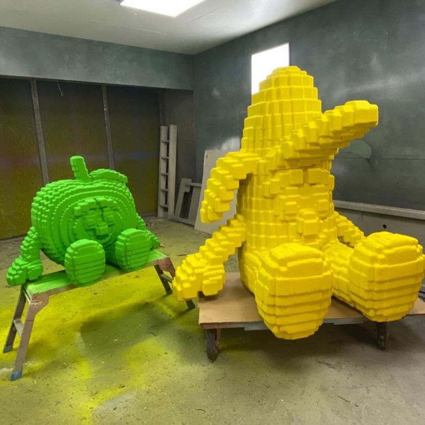 Giant pixelated fruit models 