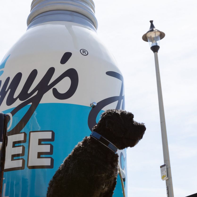 Giant Jimmy's iced coffee beach shower prop 