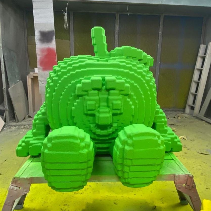 Giant pixelated fruit models 